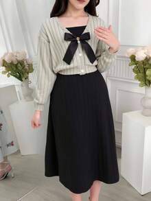 Sparklyn 少女休闲百搭优雅蝴蝶结外套+针织罗纹连衣裙两件套，秋冬款 - 杏色 - 查看 1