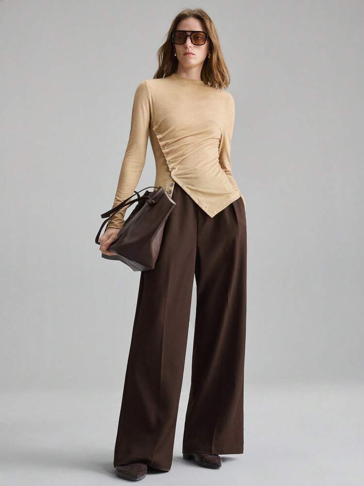 2025 Women's Crew Neck Long Sleeve Metal Button Waist Khaki Autumn Elegent Office Casual T-Shirt,Soft Fitted Business Teacher Basic Top Back To School