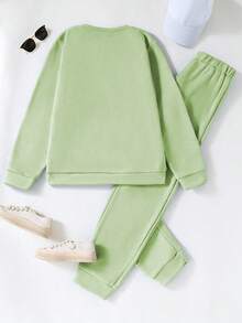 SHEIN Girls Casual Letter Graphic Sweatshirt Set - Green - View 2