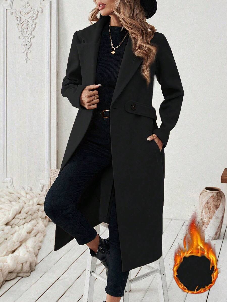 SHEIN PETITE Women's Basic Wool Blend Coat With Notched Collar, Button Belt, Waist Cinched Design, Suitable For Commuting And Business, Autumn/Winter