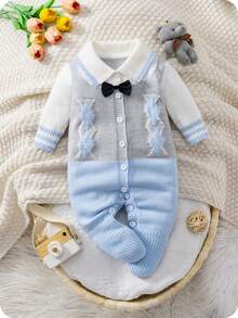 SHEIN Baby Boy Clothing Cute Blue Autumn Birthday One-Piece Crawling Suit,Diamond Pattern Long-Sleeved Knitted Sweater Romper For Parties,Christmas,Soft - Blue - View 4