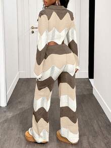 BamGleam Women's Wavy Striped Knit Pants Set, Autumn/Winter - Apricot - View 2