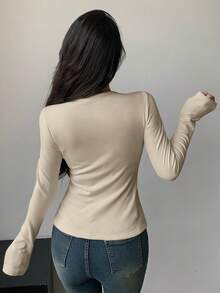 FRIFUL Camiseta de cuello redondo de unicolor con forro térmico para mujer, otoño/invierno - Púrpura polvoriento - Ver 6