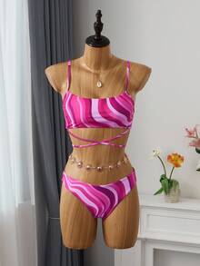 SHEIN Swim 女士夏季沙滩大理石纹印花性感比基尼套装，含罩衫和裙子