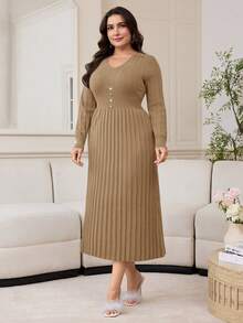 Modelyn Robe en tricot élégante à col V, manches longues et design boutonné pour femmes grandes tailles - Kaki - Voir 3