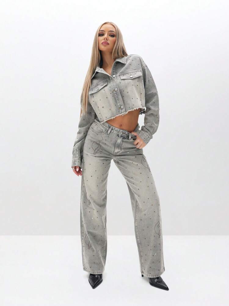 BABYPHAT Gemstone Embellished Vintage Wash Baggy Denim Jeans With Heart Print And Polka Dot Pattern Wide Leg Fall Winter