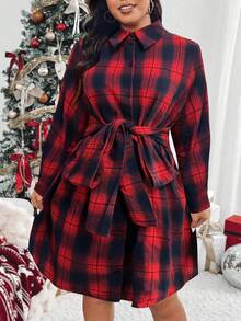 SHEIN LUNE Christmas Plus Size Collared Tie Waist Plaid Simplistic Knee-Length Casual Dress - Multicolor - View 5