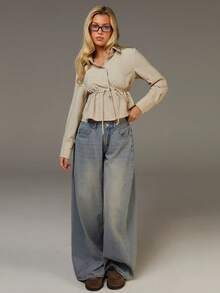 Athîral Women's Solid Color Long Sleeve Drawstring Waist Casual Cropped Shirt, Khaki Top - Apricot - View 4