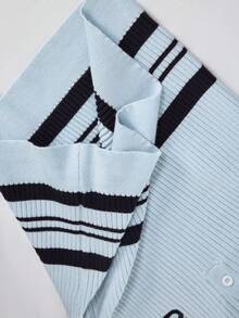 Eassivo Eassivo Contrast Stripe Splice Long Sleeve Polo Sweater - Baby Blue - View 8