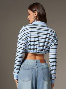 Denimoi Cropped Cinched Waist Striped Long Sleeve Polo Shirt - Blue - View 3