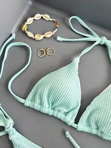 Swim Basics Women's Solid Color Halter Tie Sexy Bikini Swimsuit Set, Summer Beach - Mint Blue - View 3