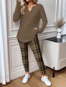 SHEIN LUNE 2件套女士长袖T恤和紧身裤，秋冬 - 咖啡棕 - 查看 4