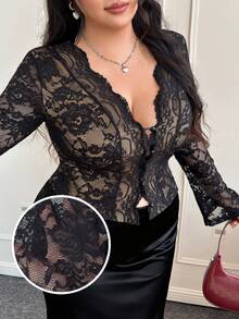 CovetEZ Plus Size Sexy Lace Trim Semi-Sheer Women Top/Valentine's Day - Black - View 6