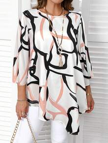 EMERY ROSE Plus Size Asymmetric Hem Allover Print Casual Shirt, Suitable For Commuting, Autumn - Apricot - View 3
