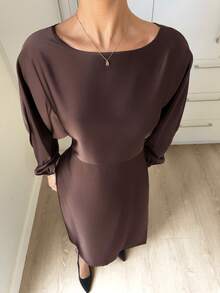 Siren Gaze Women's New Elegant Romantic Casual Urban Commute Elegant Fashion Versatile Coffee Brown Round Neck Batwing Long Sleeve Tie-Waist X-Shaped Regular Fit Dress, Suitable For Teachers, Winter Outfits, Autumn/Winter Wedding Guest Attire, Evening Gown, Brown Dress For Women, Elegant Dress For Women, New Year Dress, Long Brown Dress, Chocolate Brown Dress, Lantern Sleeve Dress, Modest Dress,Long Sleeve Elegant Dress Luxury Dress For Women Long Silk Dress Satin Long Dress Spring - Brown - View 6