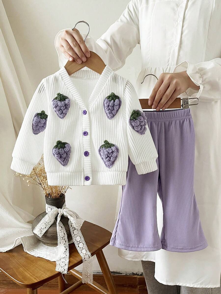 SHEIN Baby Girl Infant Toddler Newborn 0-3 Years Old Autumn/Winter Casual Sweet Strawberry Knitted Cardigan Jacket And Flared Pants 2 Pieces Set - Mauve Purple - View 1