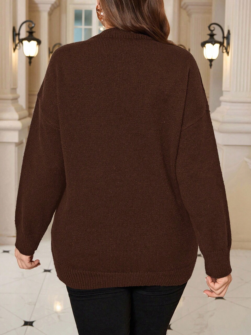 Plus Size Women's Brown Elegant Autumn Pearl Decor V-Neck Long Sleeve Solid Pullover Sweater, Winter Casual Party Faux Pearl Knitwear