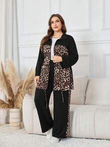 Modelyn Pantalon long femme à taille cintrée avec imprimé léopard et patchwork, ensemble deux pièces polyvalent pour un port quotidien, grande taille, automne/hiver - Multicolore - Voir 3