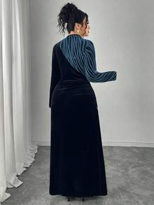 Modelyn 大码女式立领长袖丝绒拼接优雅派对连衣裙，秋冬款 - 彩色 - 查看 2