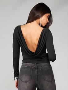 MISSGUIDED Bộ đồ liền thân tay dài cổ yếm hở lưng cực chất dành cho những buổi tối thu đông - màu đen - Xem 2