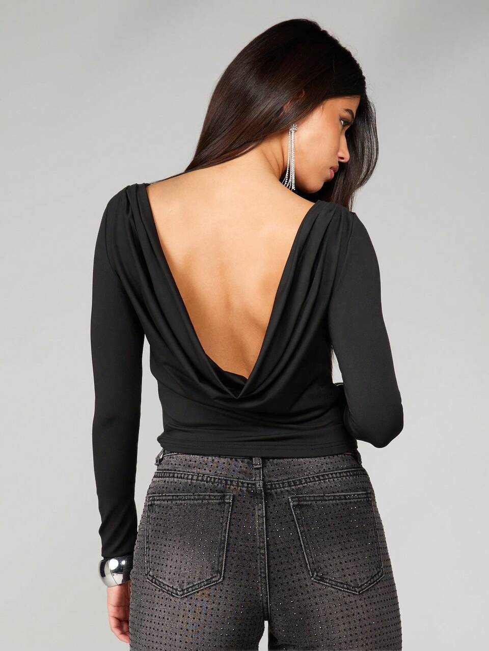MISSGUIDED Extreme Cowl Back Draped Neckline Long Sleeve Bodysuit With Open Back Detail For Evening Occasions Fall Winter