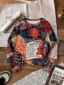 Ashley Baxter Artist Collaboration Vintage-Inspired Hand-Drawn Cartoon Character Portrait Illustration Crewneck Women's Sweatshirt Perfect For Fall/Winter, Fashion T-Shirt, Stylish Sweatshirt Sibling Gift, Sister Gift, Mom Gift, Mother's Day Gift Casual Fashion Top - Red - View 1