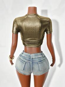 VaVaBold 夏季休闲圆领褶皱修身短款短袖T恤，适合新年假期派对穿着