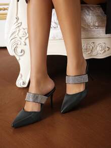 Zapatos De Tacón De Aguja De Punta Estrecha Para Mujeres Con Decoración De Diamantes De Imitación - Negro - Ver 6