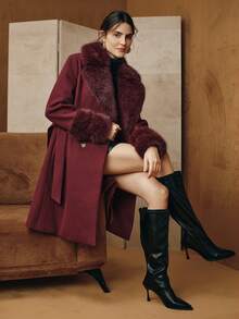 Anewsta Áo khoác dài cổ lông giả bằng len pha trộn kèm thắt lưng, dành cho nữ - Màu Đỏ Sâu - Xem 1