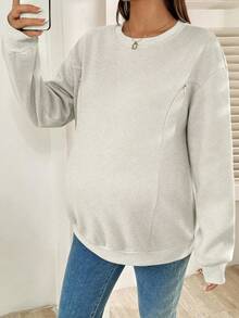 SHEIN 孕妇休闲纯色哺乳上衣，秋冬季抓绒宽松毛衣孕妇连帽衫女式卫衣 - 淺灰色 - 查看 5