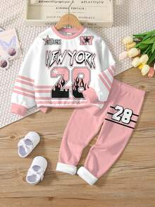 SHEIN Leap Crew 两件套少女休闲圆领舒适长袖卫衣和打底裤套装，适合秋冬季节，简约运动风，尺码23，经典城市名称文字印花，条纹点缀，酷炫图案文字印花 - 彩色 - 查看 2