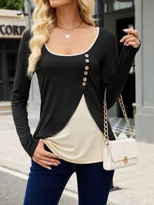 SHEIN LUNE Women's Elegant Casual Knit Button Contrast Color Long Sleeve T-Shirt - Black - View 1