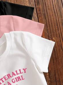 SHEIN GraphicGems 3pcs/Set Baby Girl 6M-3T Cute Black And Pink Summer Cute Graduation Bow & Letter Graphic Short Sleeve Knit Crew Neck Tops Daily Basic Tees Apparel - Multicolor - View 4