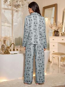 LuxeNights 女士泡泡褶皱印花长袖睡衣套装，秋冬服装 - 彩色 - 查看 2