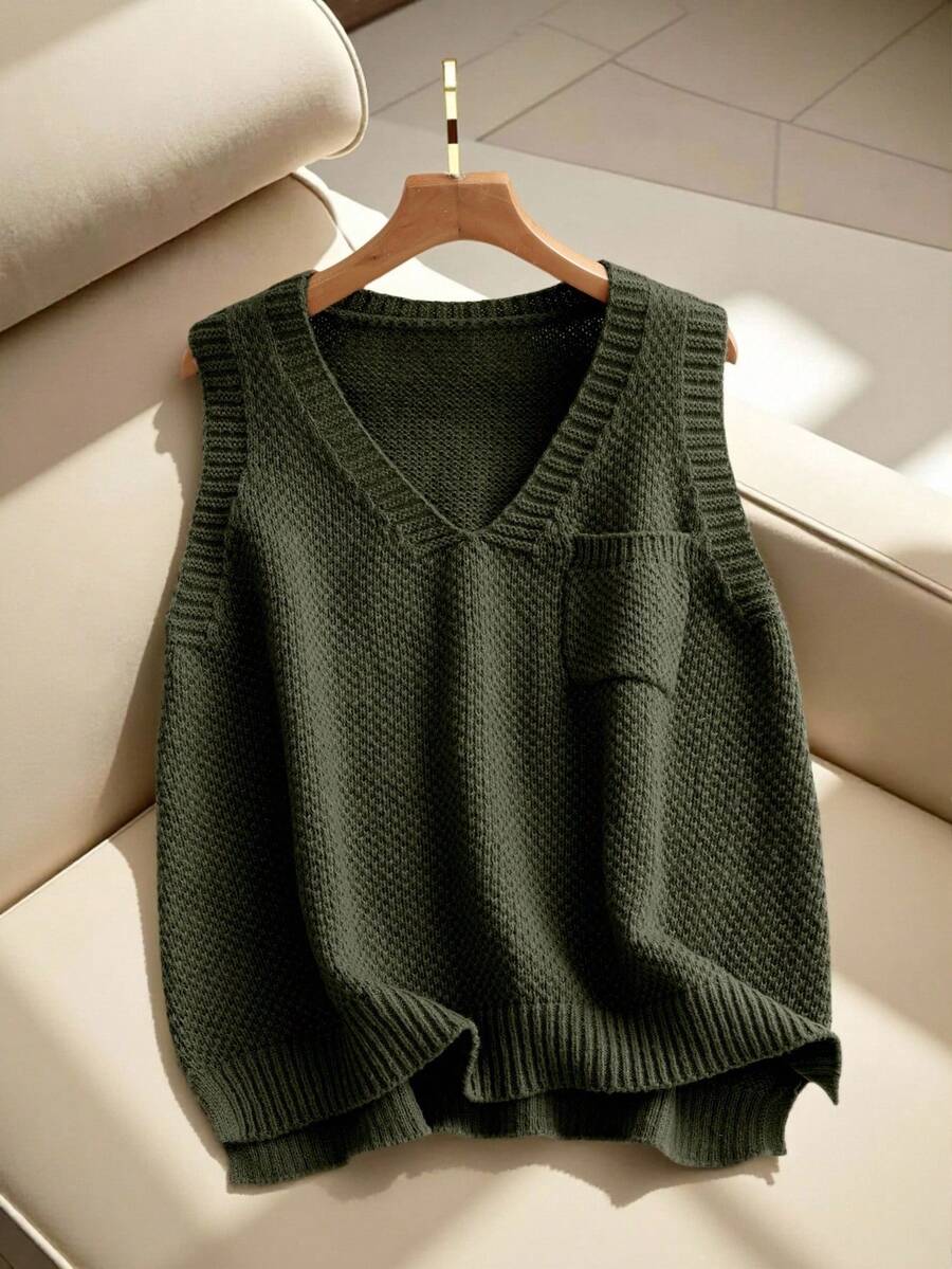 GlowEve Women's Solid Color V-Neck Casual Pocket Sweater Vest, Autumn/Winter - Army Green - View 1