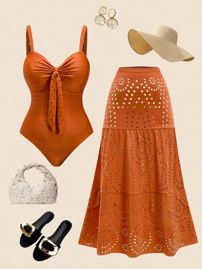 Swim Oasis Conjunto de 2 piezas de traje de baño de una sola pieza con falda de traje de baño con diseño floral calado para mujeres de talla grande para vacaciones en la playa