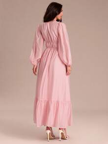 Enchnt 秋冬浪漫优雅粉色V领长灯笼袖连衣裙，甜美优雅，适合约会、假日、派对、下午茶、婚礼宾客、舞会礼服、女士太阳裙、女士秋季连衣裙、秋季服装 - 粉色 - 查看 6