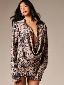 AiiRZ 垂褶迷你衬衫裙，配以垂领和模糊动物纹印花图案，秋季时尚 - 彩色 - 查看 1