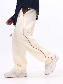 SUMWON 高级撞色滚边运动裤，滑板裤版型，抽绳腰带，侧边口袋，休闲宽松居家服，街头风。 - 杏色 - 查看 1