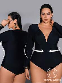 Shapewave 大码连体泳衣，塑形显瘦，适合2026年夏季海滩穿着，黑色女士单肩泳衣 - 黑色 - 查看 1