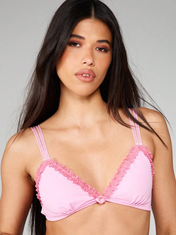 MISSGUIDED Contrast Lace Trim Triangle Bralette With Decorative Front Bow And Double Strap Design For Intimate Occasions And Everyday Comfort