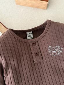Blossori Conjunto de camiseta de manga larga con cuello redondo y bordado de animales elegante francés y pantalones para niñas bebé - Café integral - Ver 5