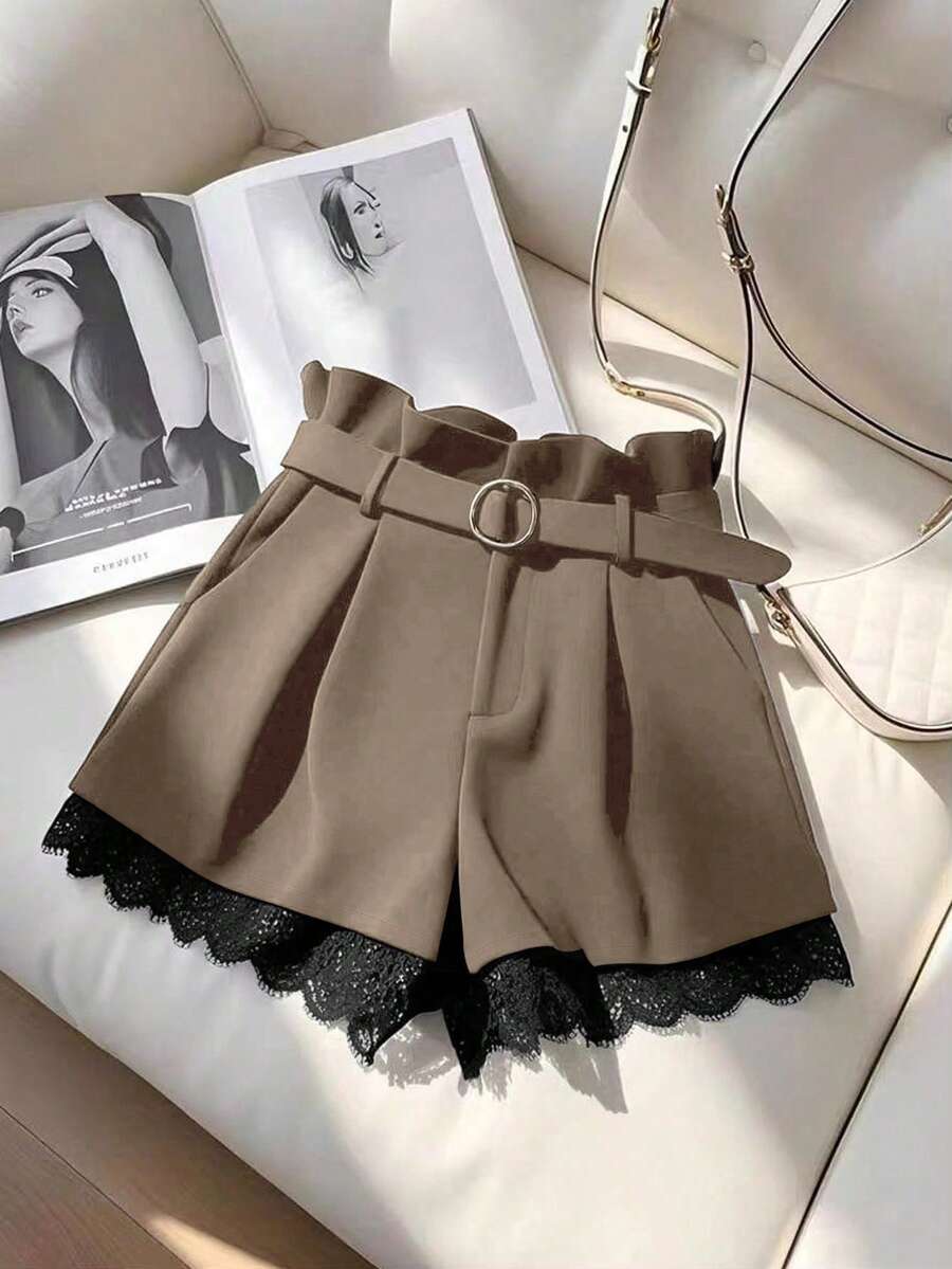 GlowEve Women's Solid Color Lace Patchwork Shorts - Coffee Brown - View 1