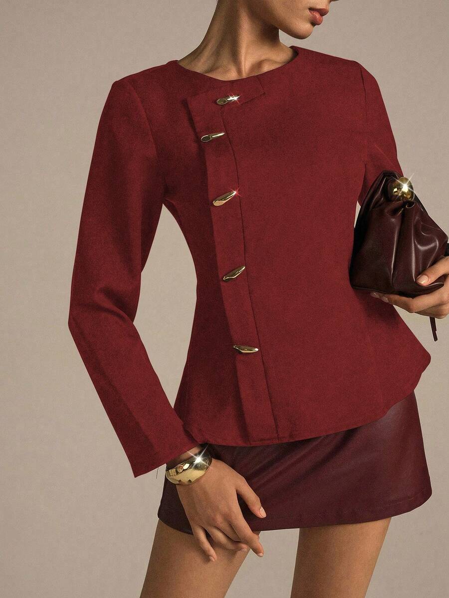 Modelyn Woven Non-Stretch Black Long Sleeve Metal Button Fitted Outdoor Blouse, Fashionable & Elegant For Women - Red - View 1