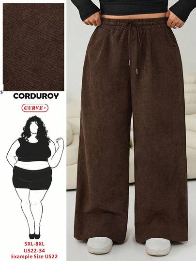 SHEIN CURVE+ 宽松版型咖啡色灯芯绒阔腿大码女裤，配有抽绳腰带和口袋，穿着舒适；棕色灯芯绒阔腿裤，宽松裤。