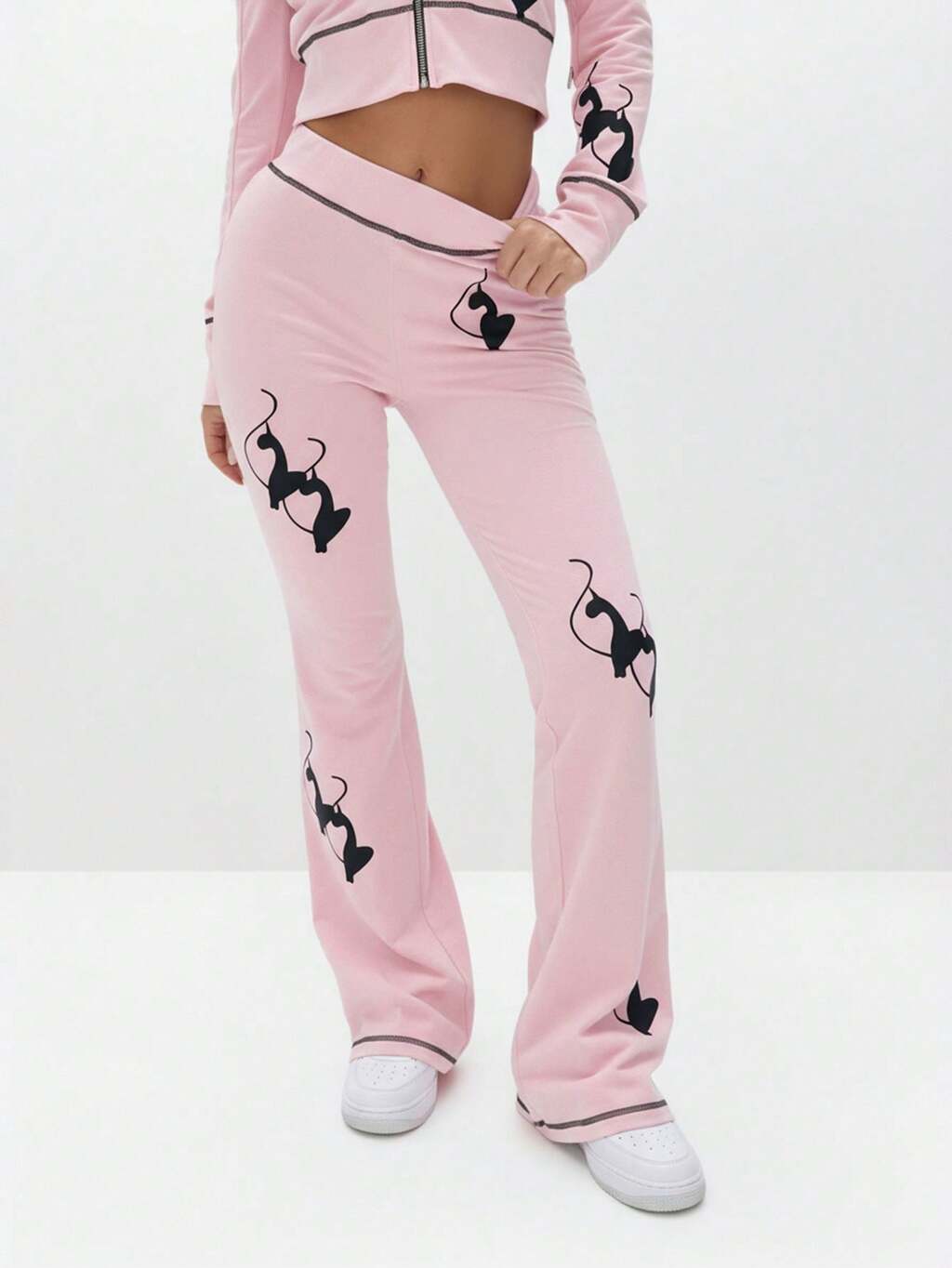 BABYPHAT Pantalones de chándal de pierna acampanada con estampado de gato negro, cintura alta con detalle de logotipo para uso informal