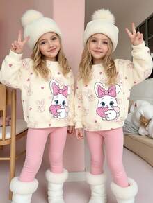 适合女孩的舒适秋冬款式 - 粉色猫咪印花圆领卫衣和打底裤两件套 - 彩色 - 查看 1