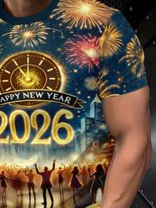 Manfinity Homme 男士时尚3D印花“2026新年快乐”T恤 圣诞上衣 圣诞礼物 男士礼物 圣诞T恤 - 彩色 - 查看 7