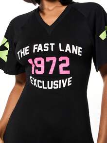 SUMWON WOMEN Graphic Print Black V-Neck Mini T-Shirt Dress With Short Sleeves And Statement Typography - Black - View 6