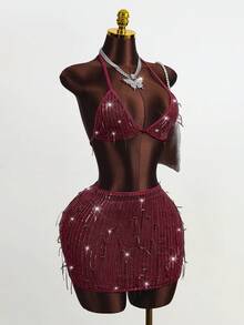 Mistrie 女士流苏亮片露脐吊带短款上衣和紧身迷你裙性感两件套 - 酒紅色 - 查看 3